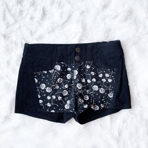 BGBG Black denim shorts with floral detail